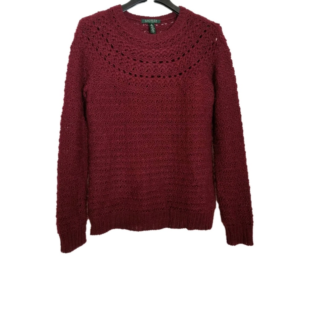 Lauren Ralph Lauren Women Alpaca Wool Pullover Sweater Sz M Burgundy Crochet